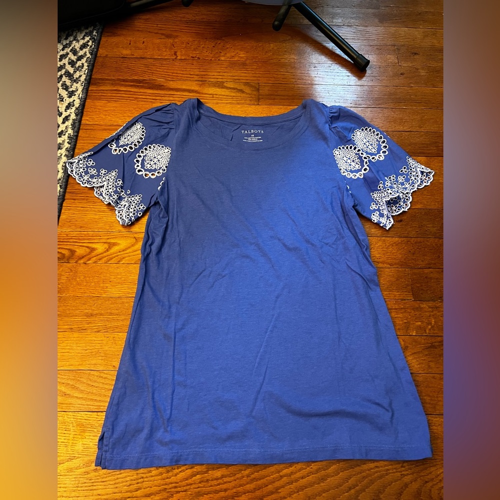 Talbots Blue Top with Lace Sleeves
